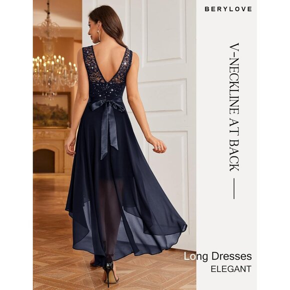 BeryLove Women Navy Chiffon Scoop Neck Sleeveless Lace Cocktail Formal Dresses - Picture 4 of 6